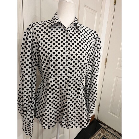 Black & White Tops - Greysn Polka Dot Peplum Back Black White Button Front Blouse Size L